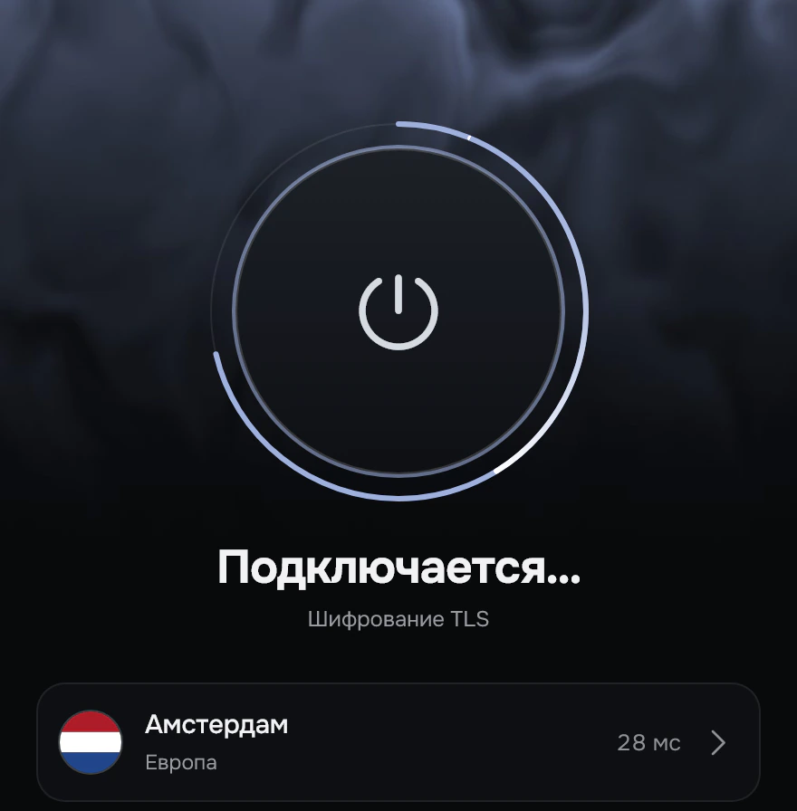 Подключение: вокруг кнопки идёт кольцо прогресса, под ней назван текущий шаг.