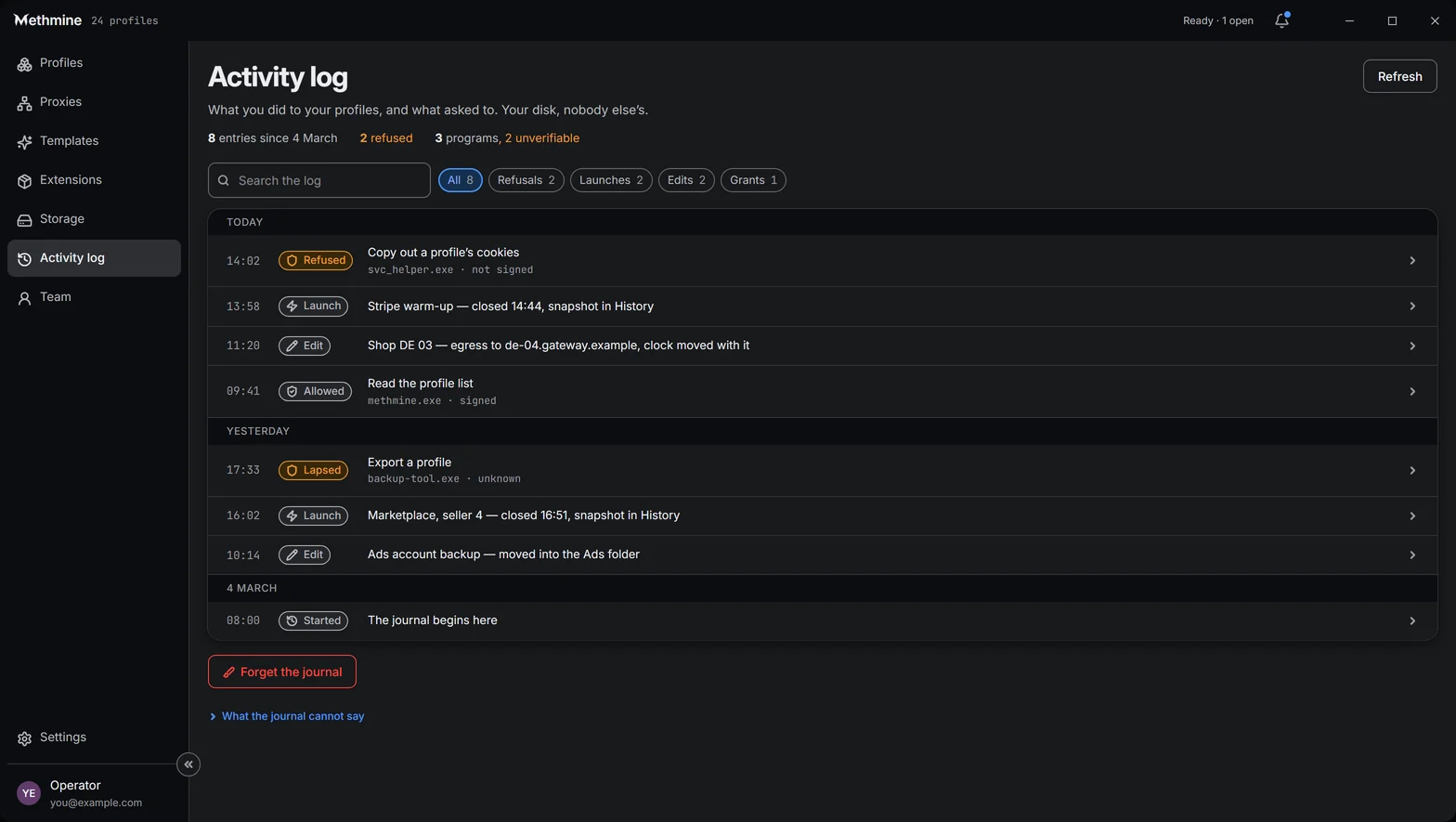 The Activity log screen: entries by day with refusals, launches and edits