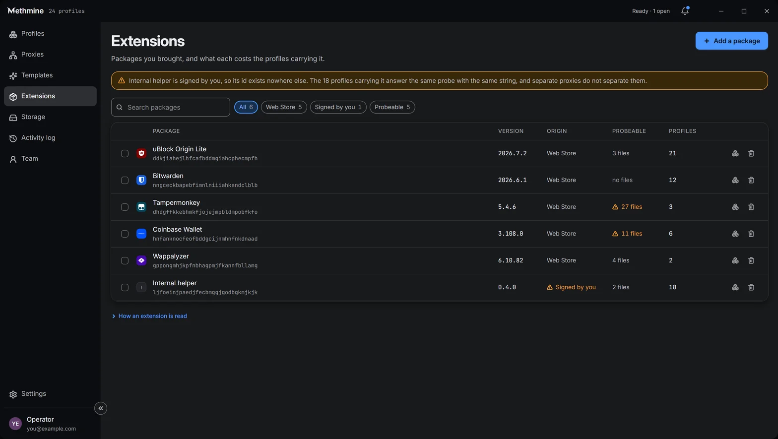 The Extensions screen: packages with version, origin, probeable files and profile count