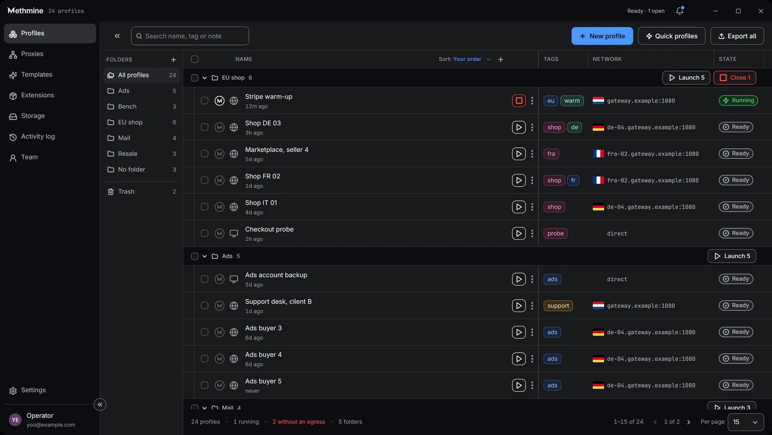 The Profiles screen: profiles grouped in folders with tags, egress address and state