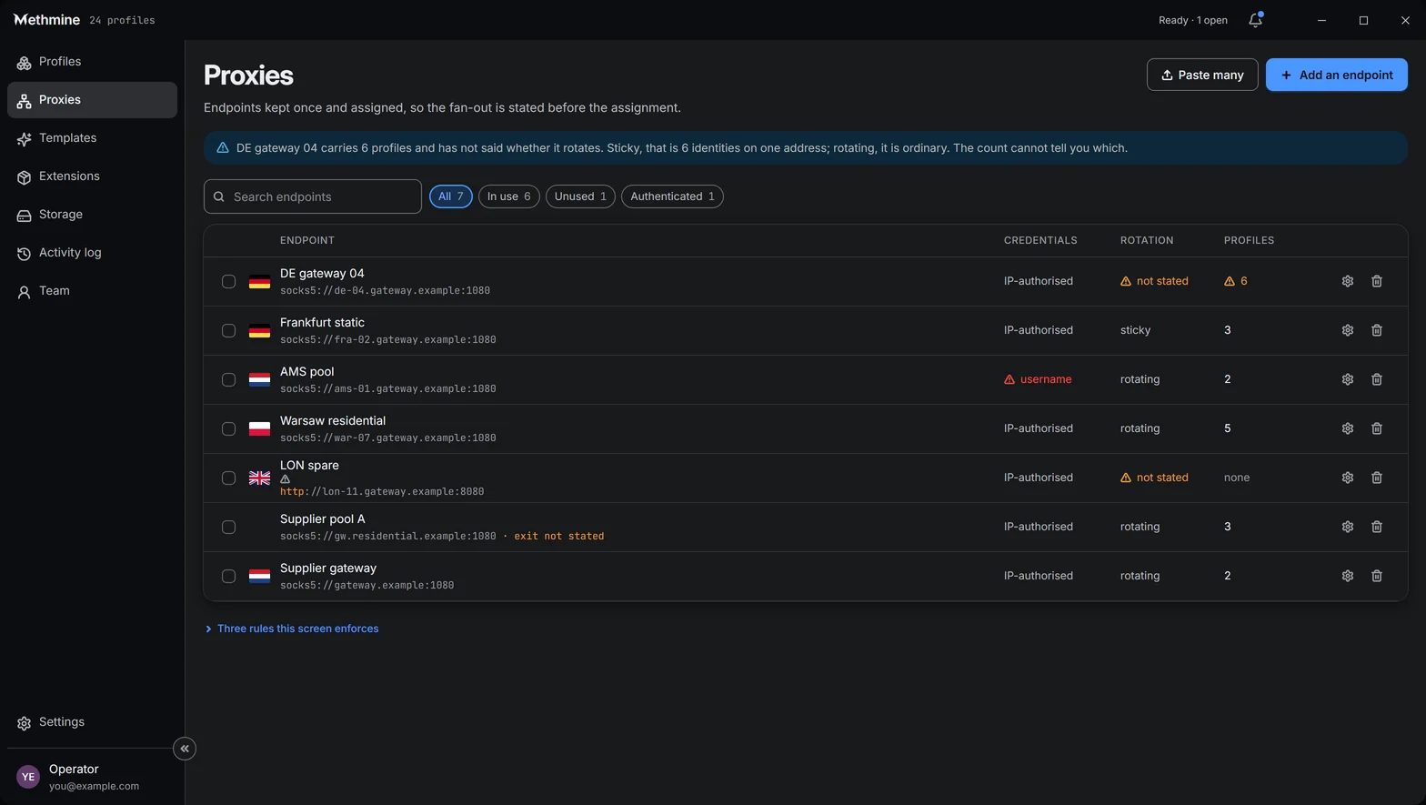 The Proxies screen: endpoints with credentials, rotation and the number of profiles on each