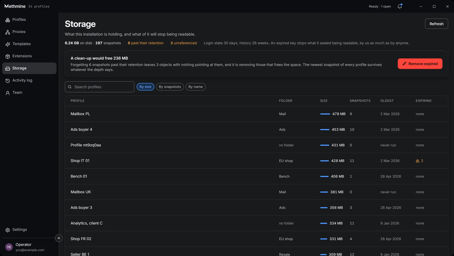 The Storage screen: profiles by size, snapshots and name with totals for the installation