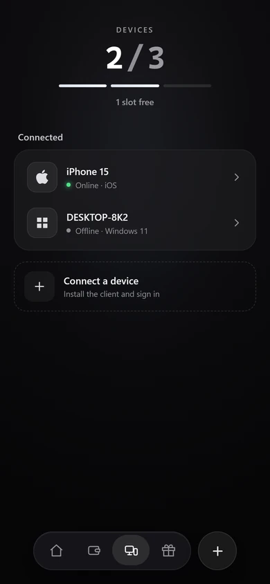 The SodaVPN Mini App: the device list and the free slots